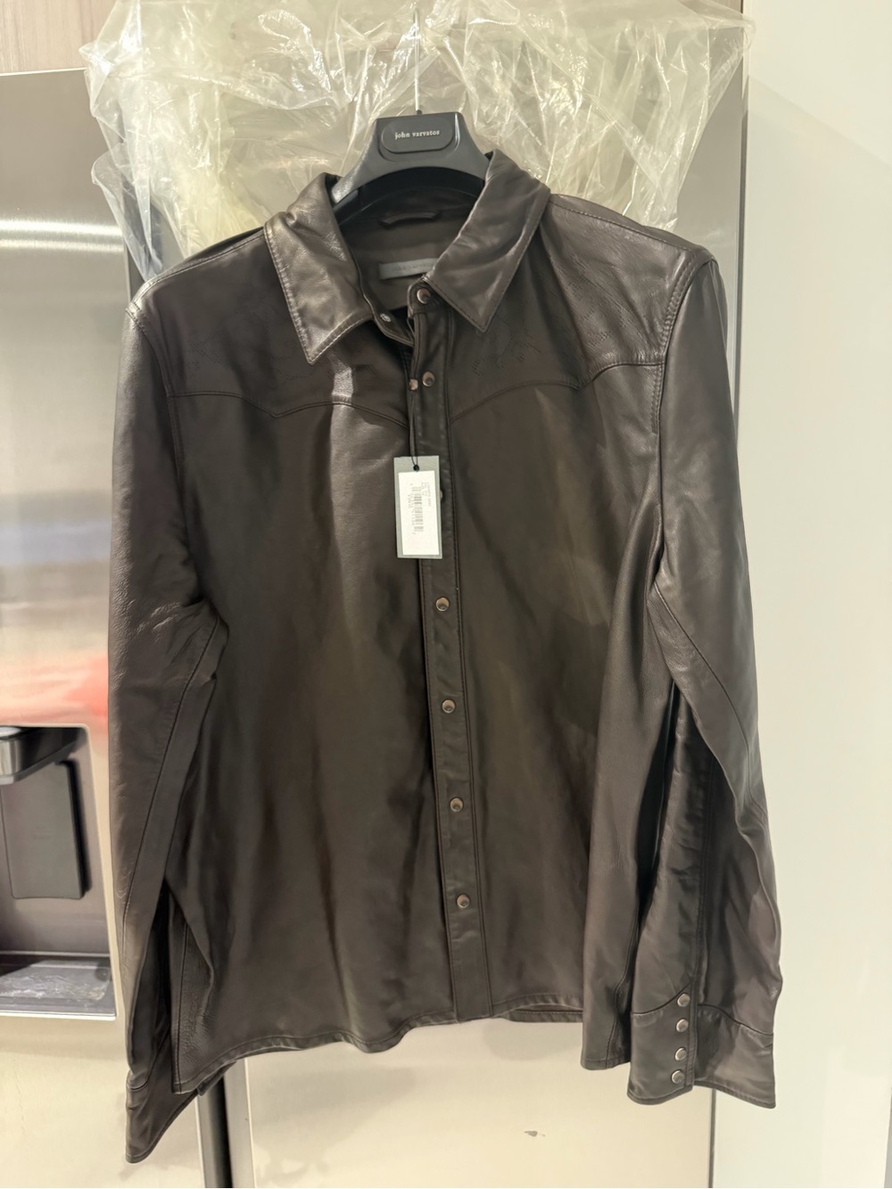 John Varvatos Men's Brown Leather Button-Up Shirt